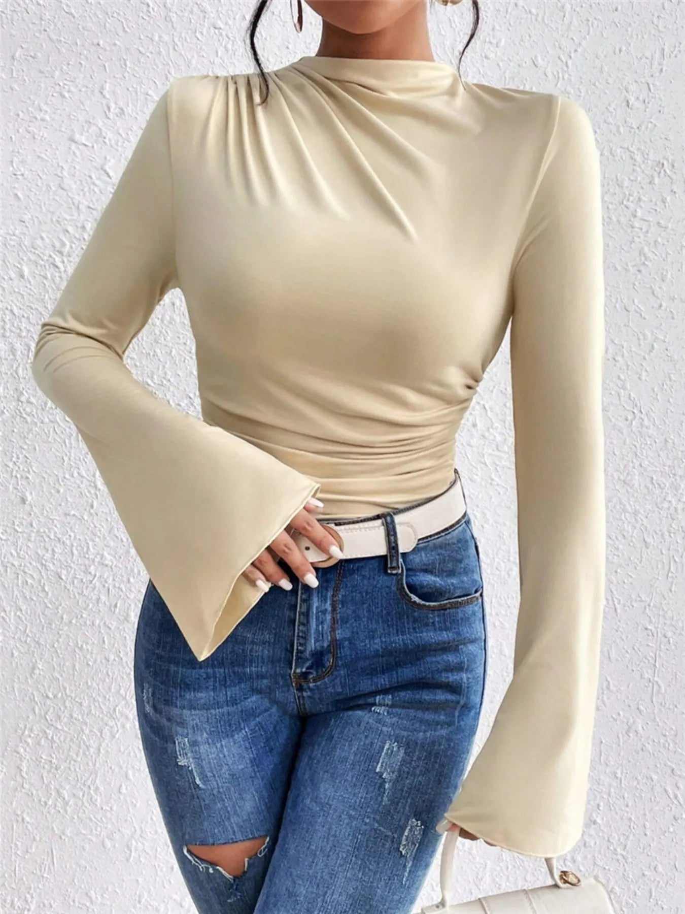 Bell Sleeve Ruched Fitted T-Shirt with Mock Neck designed for comfort and style at Lookzlike