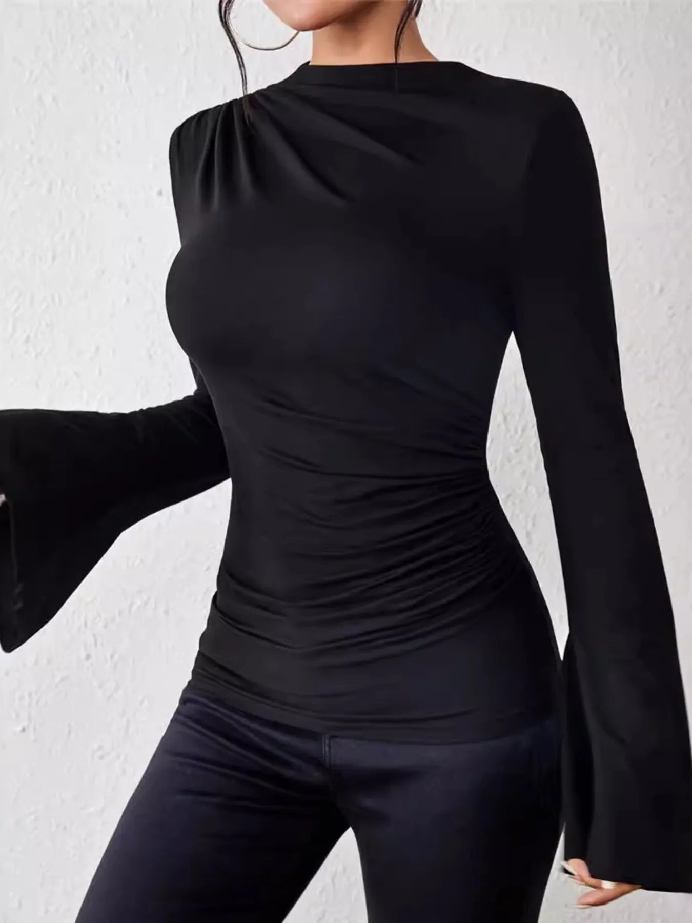 Bell Sleeve Ruched Fitted T-Shirt with Mock Neck designed for comfort and style at Lookzlike