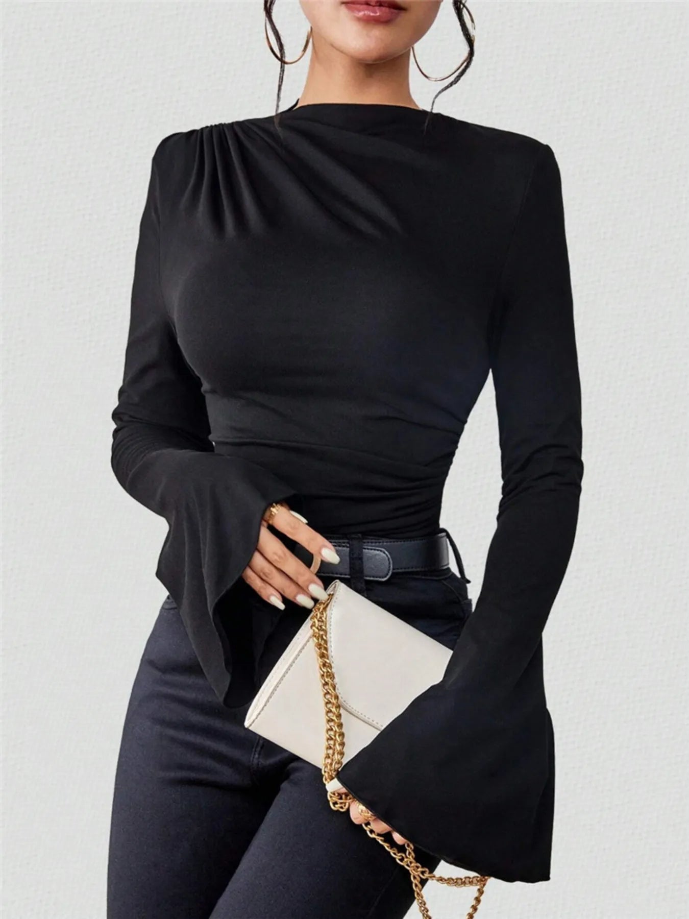 Bell Sleeve Ruched Fitted T-Shirt with Mock Neck designed for comfort and style at Lookzlike