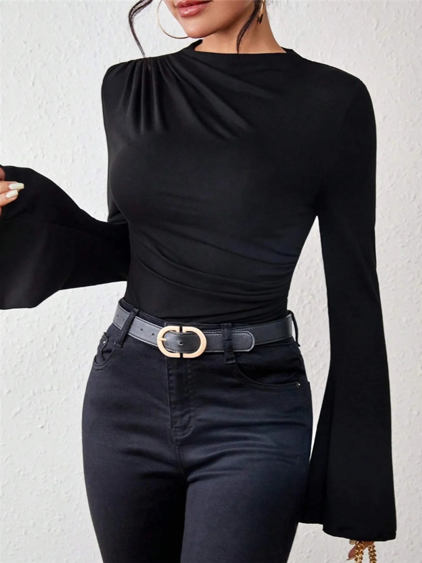 Bell Sleeve Ruched Fitted T-Shirt with Mock Neck designed for comfort and style at Lookzlike