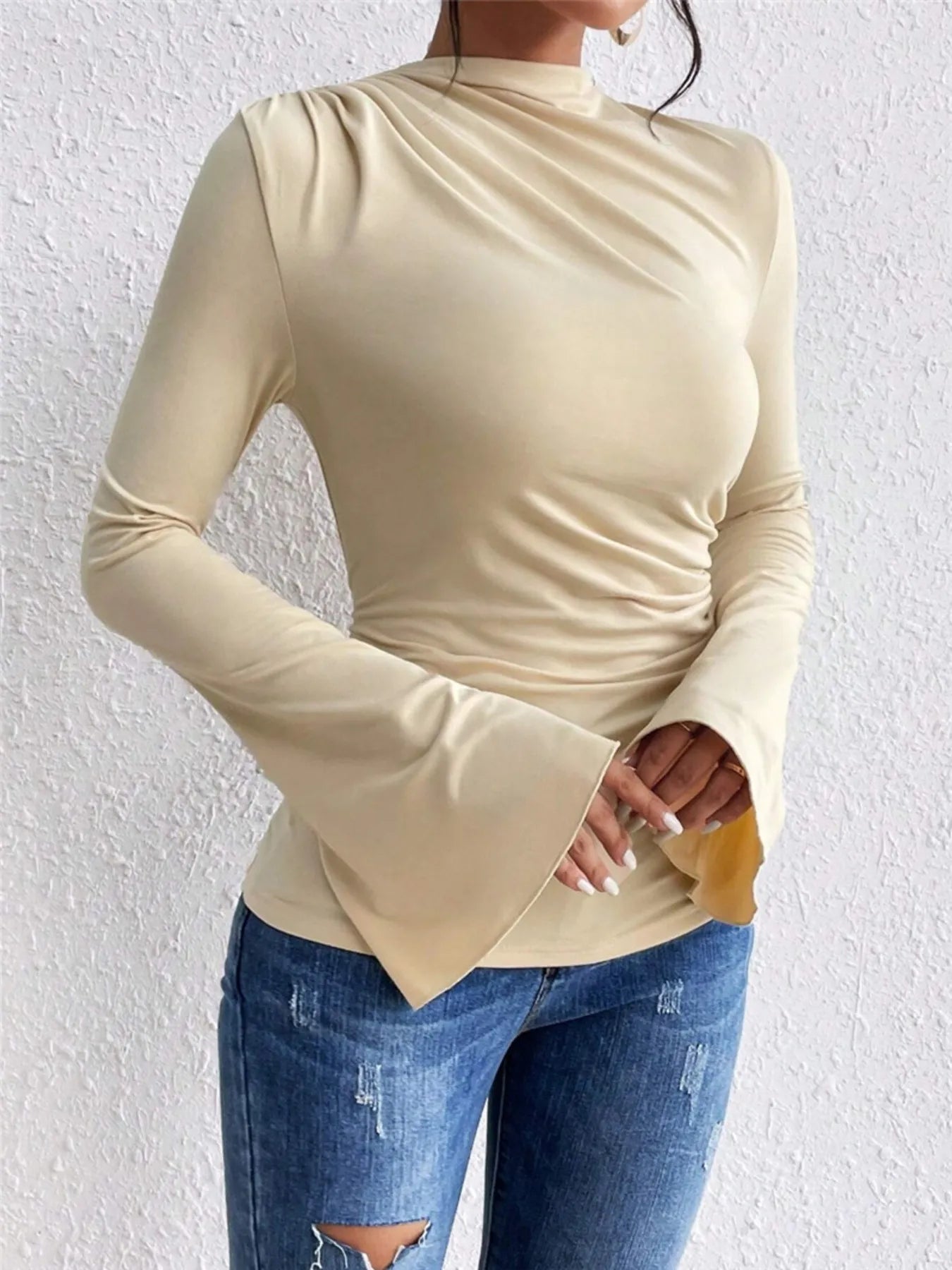 Bell Sleeve Ruched Fitted T-Shirt with Mock Neck designed for comfort and style at Lookzlike