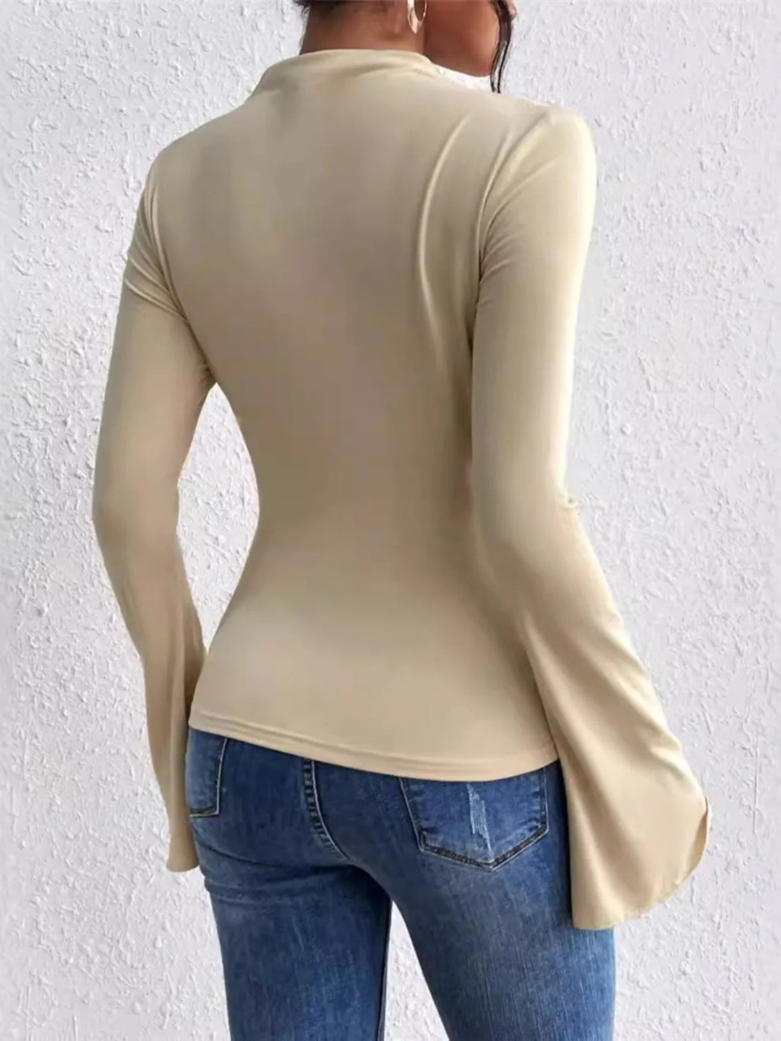 Bell Sleeve Ruched Fitted T-Shirt with Mock Neck designed for comfort and style at Lookzlike