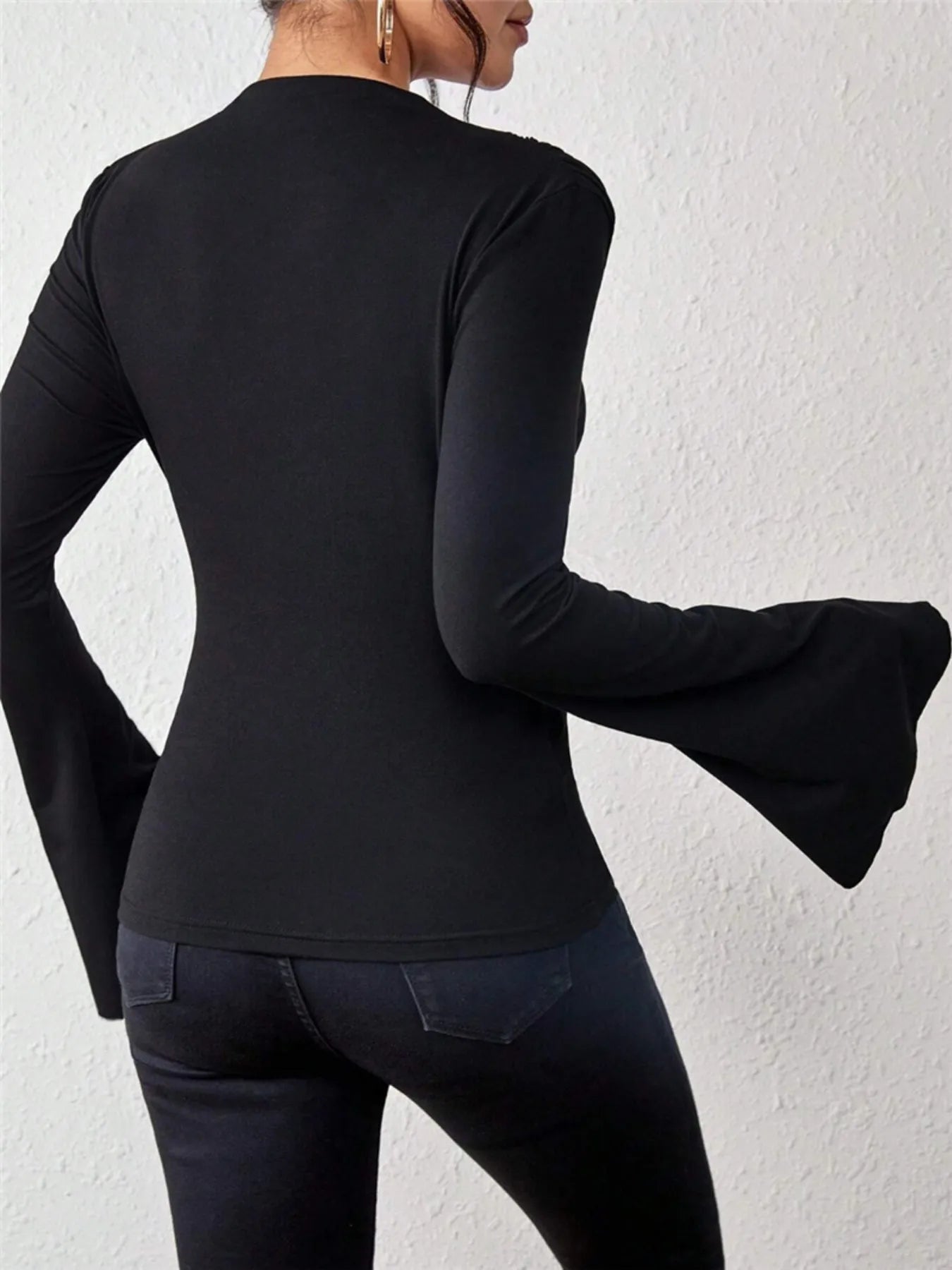 Bell Sleeve Ruched Fitted T-Shirt with Mock Neck designed for comfort and style at Lookzlike
