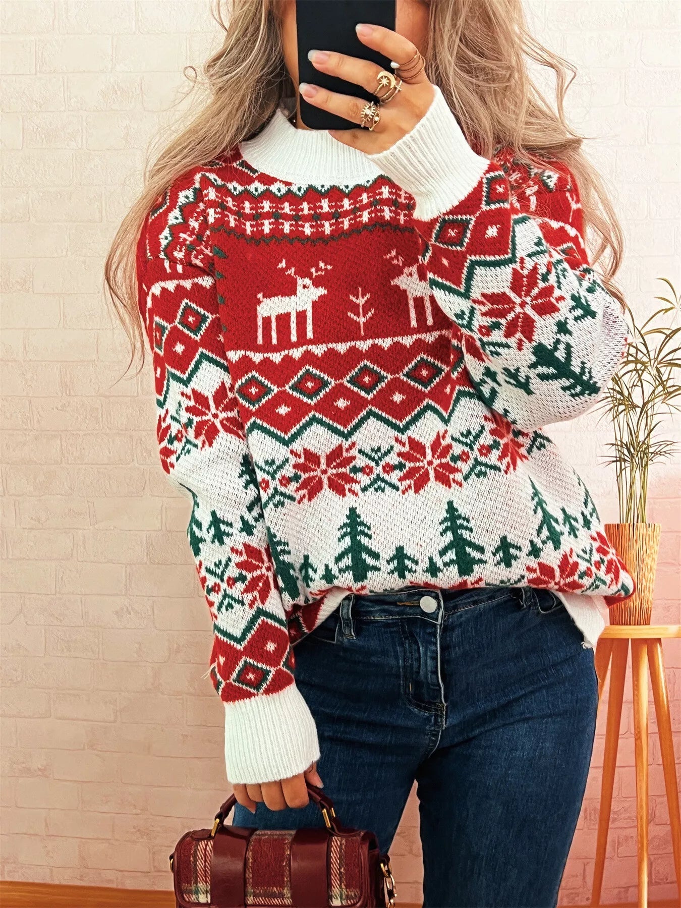 Christmas Reindeer Pattern Round Neck Sweater designed for comfort and style at Lookzlike