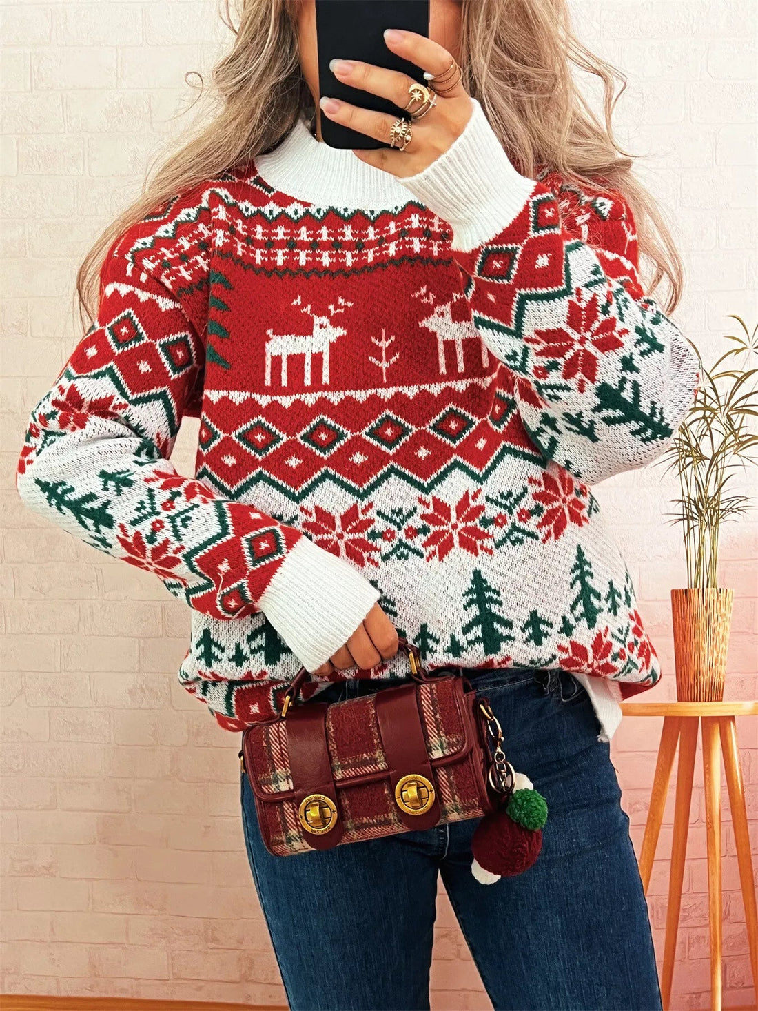 Christmas Reindeer Pattern Round Neck Sweater designed for comfort and style at Lookzlike