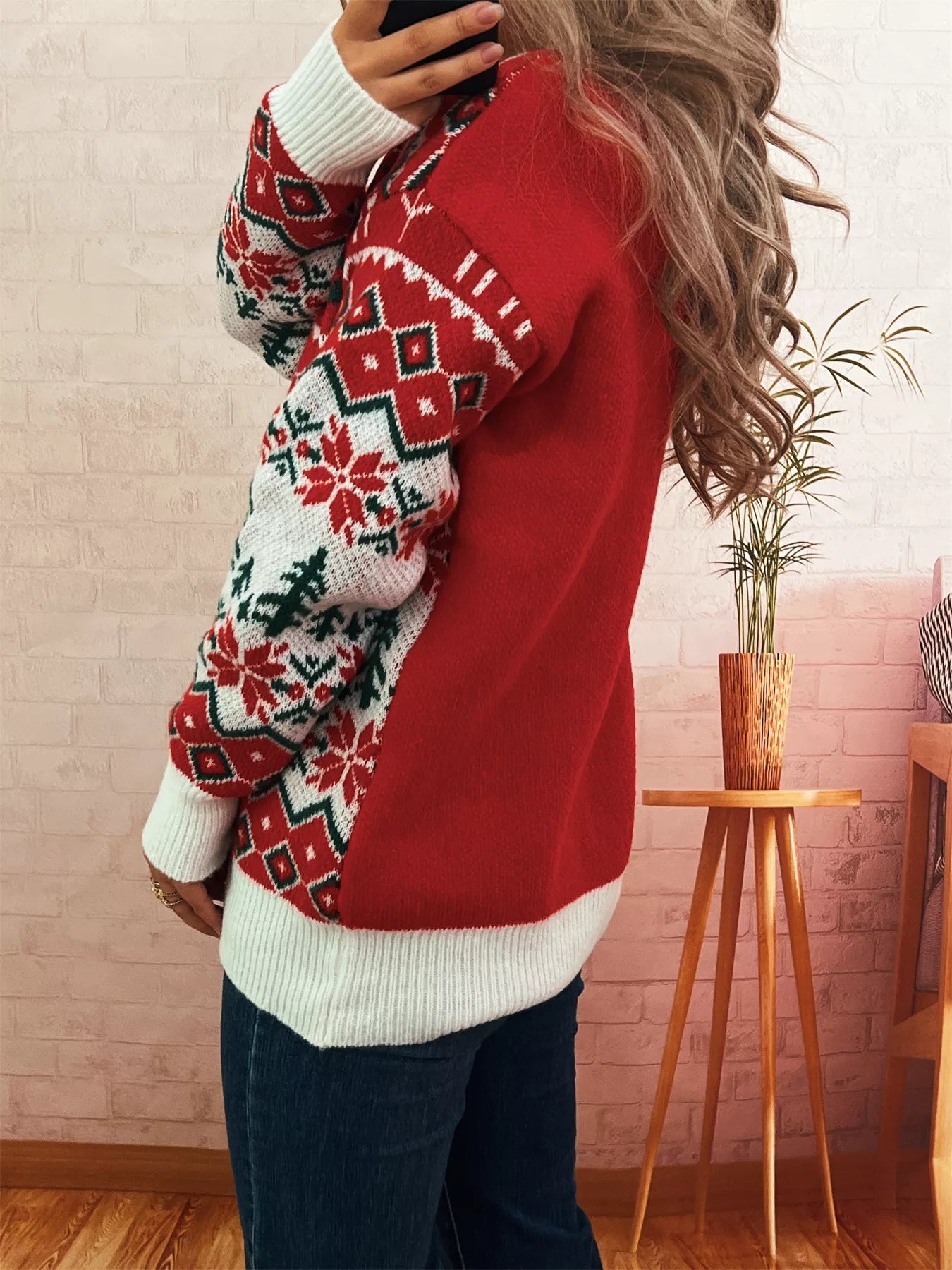 Christmas Reindeer Pattern Round Neck Sweater designed for comfort and style at Lookzlike