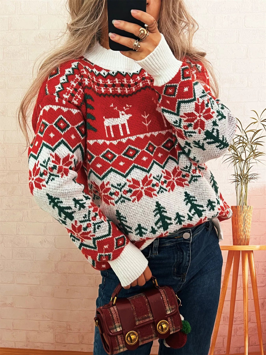 Christmas Reindeer Pattern Round Neck Sweater designed for comfort and style at Lookzlike