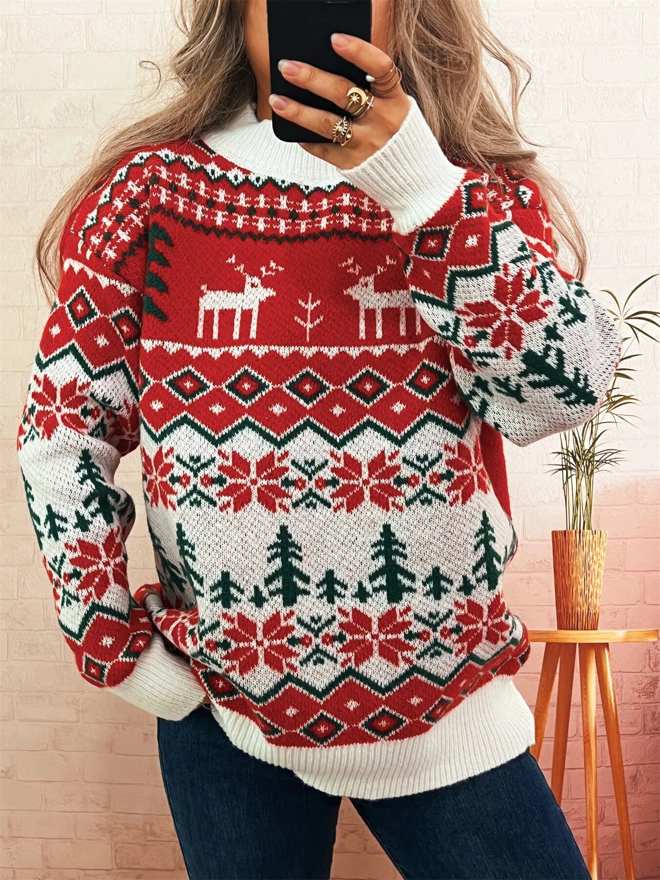 Christmas Reindeer Pattern Round Neck Sweater designed for comfort and style at Lookzlike