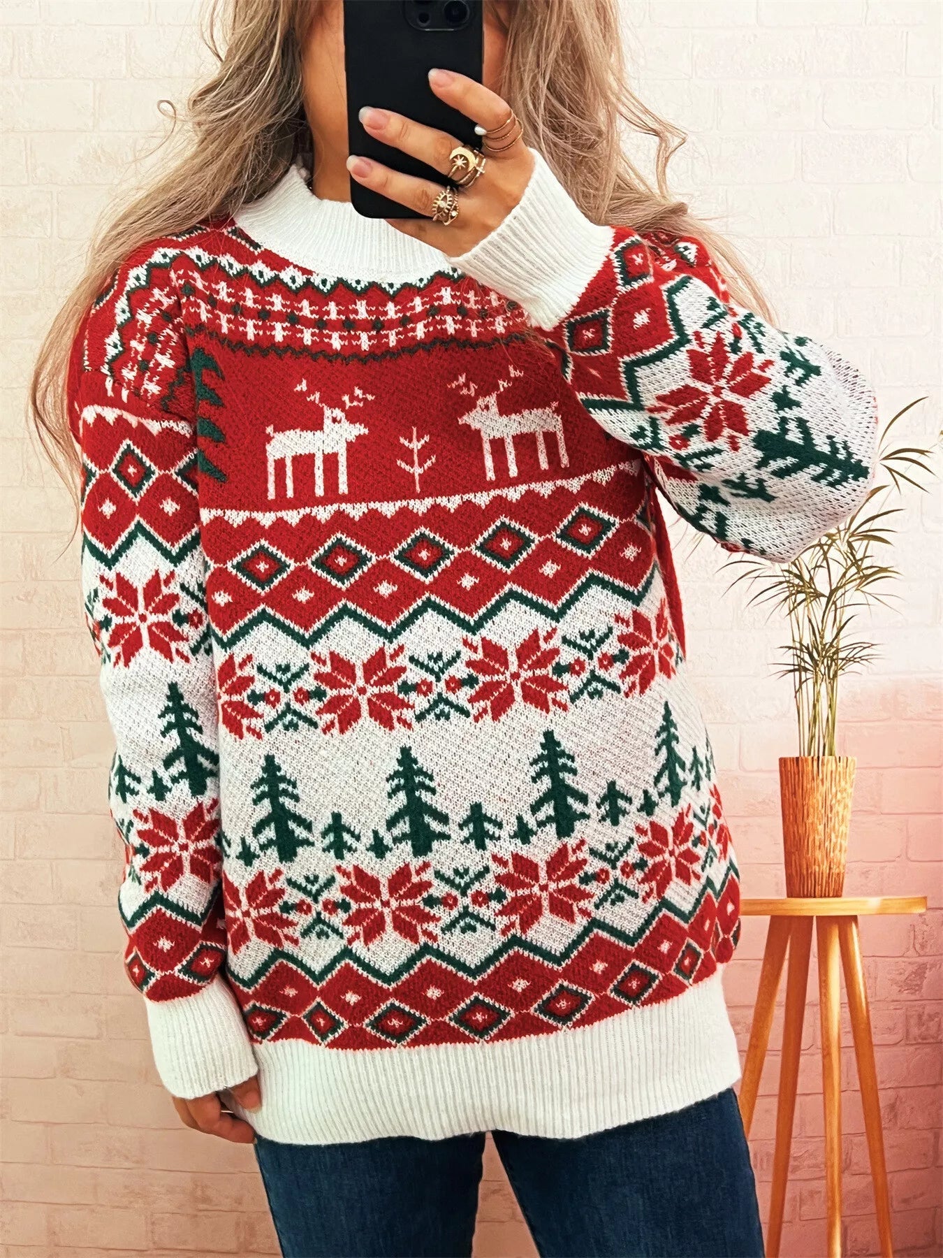 Christmas Reindeer Pattern Round Neck Sweater designed for comfort and style at Lookzlike