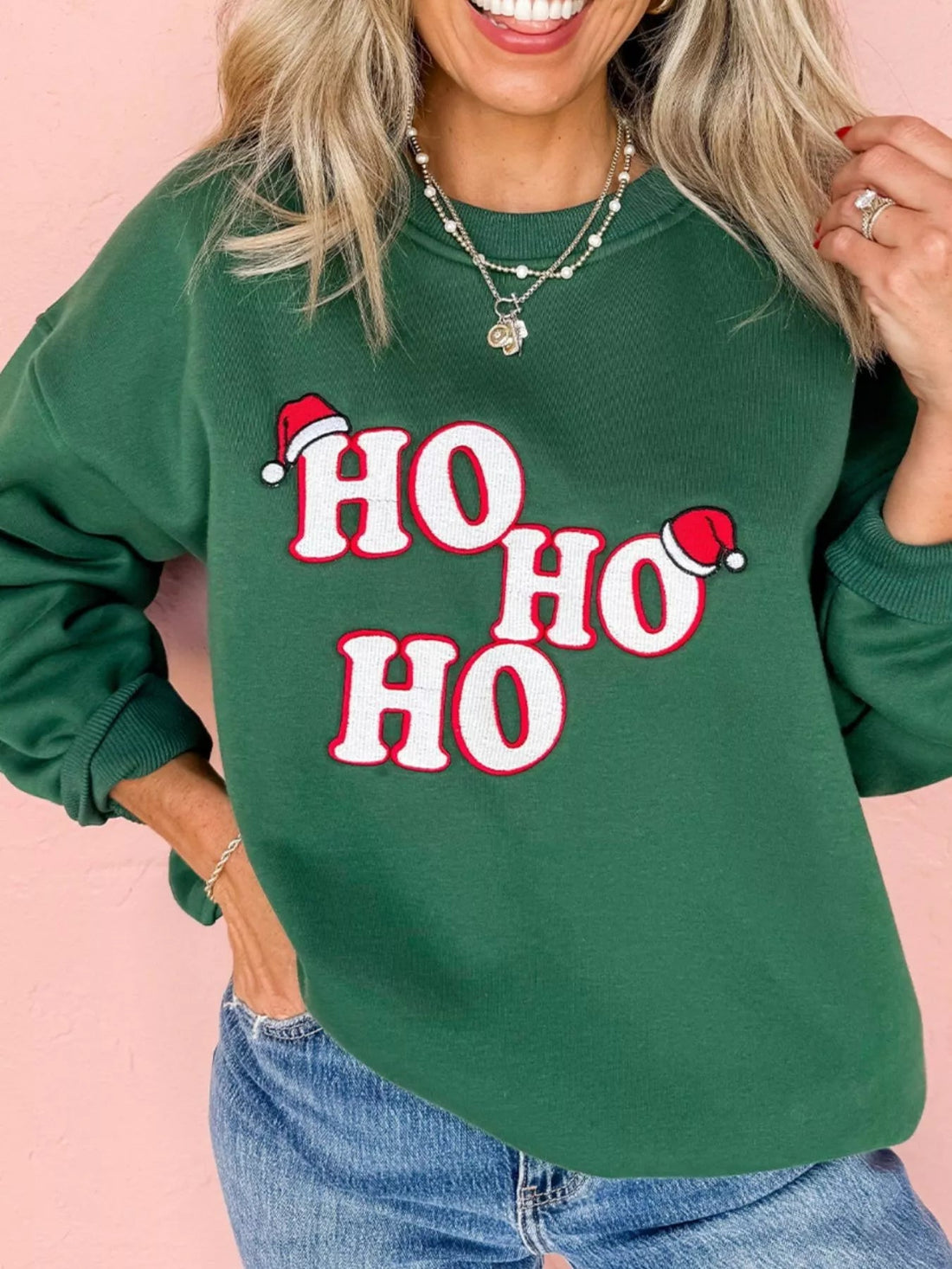 Embroidered Letter Christmas Round Neck Sweatshirt designed for comfort and style at Lookzlike