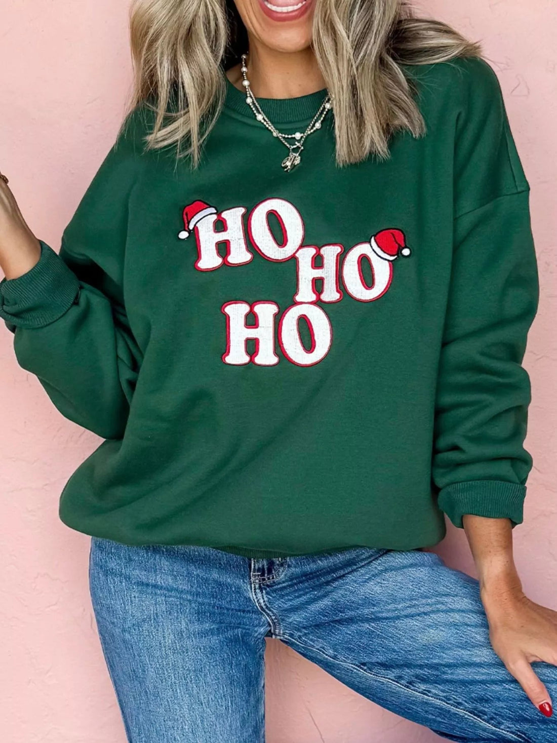 Embroidered Letter Christmas Round Neck Sweatshirt designed for comfort and style at Lookzlike