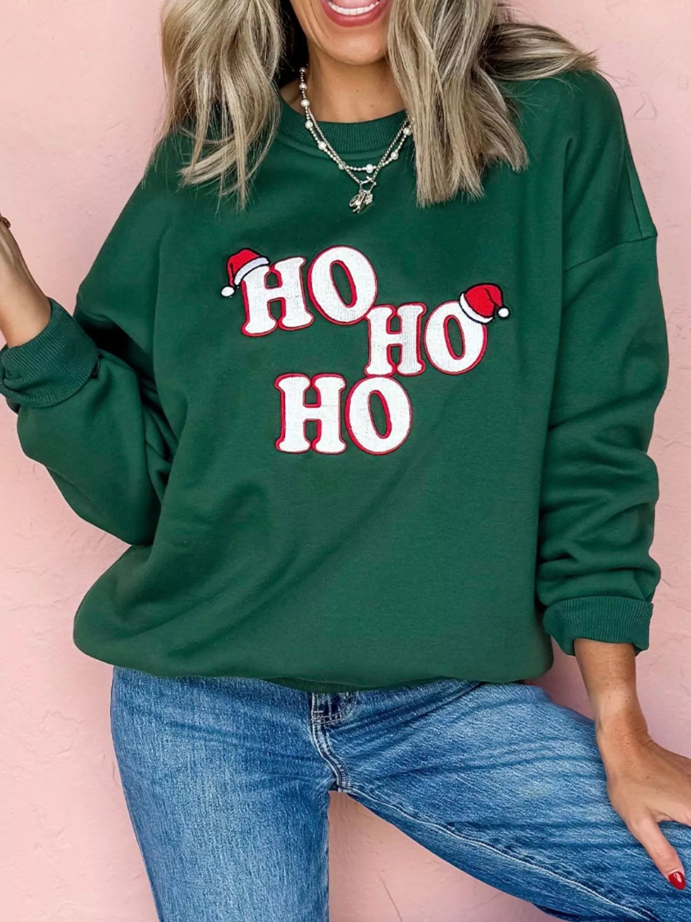 Embroidered Letter Christmas Round Neck Sweatshirt designed for comfort and style at Lookzlike