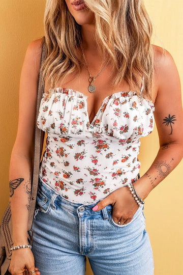 Floral Frilled Trim Spaghetti Straps Bodysuit - Lookzlike