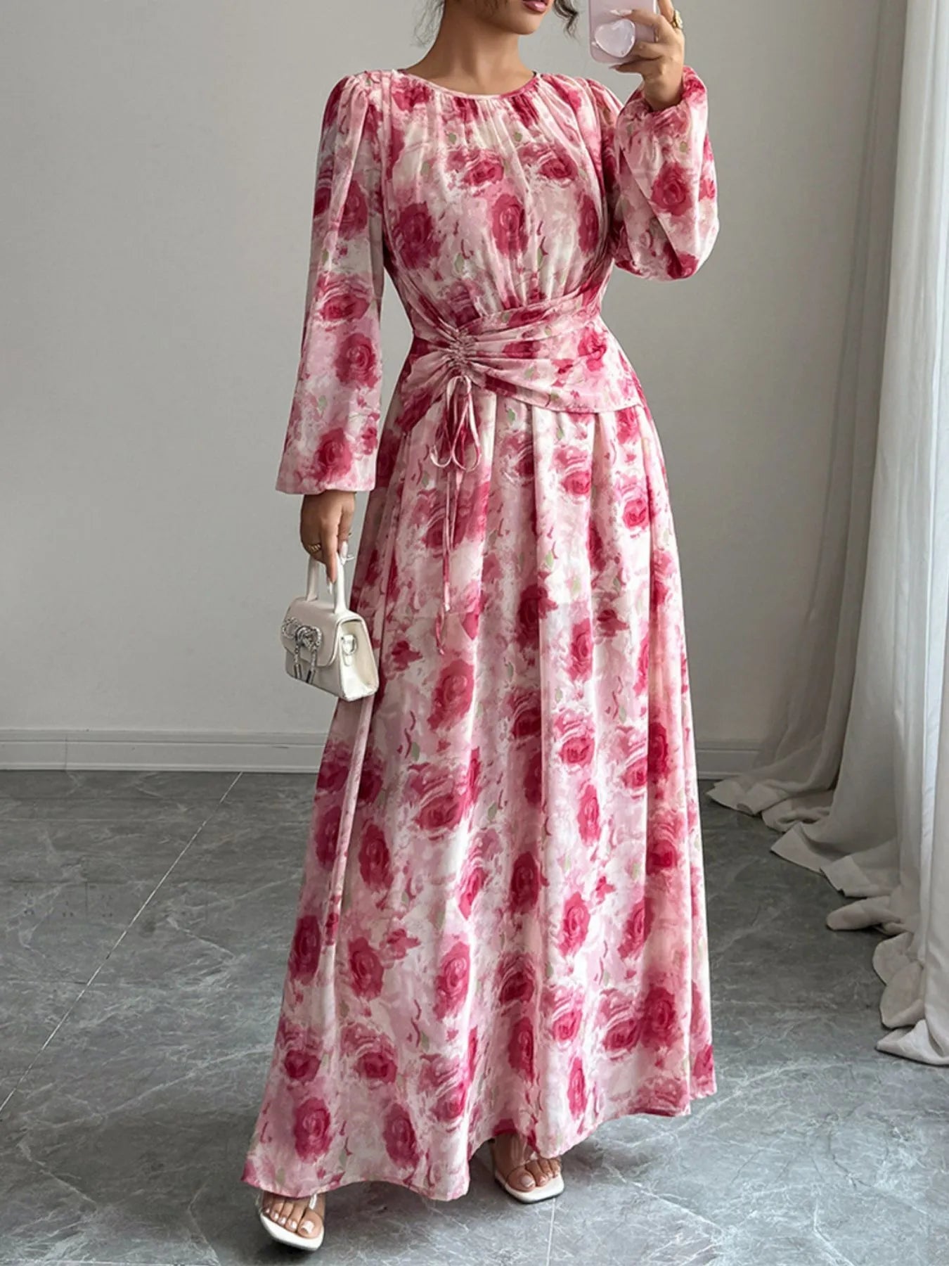 Floral Long Sleeve Maxi Dress with Drawstring Detail Shop at | Lookzlike Floral Long Sleeve Maxi Dress with Drawstring Detail Shop at | Lookzlike