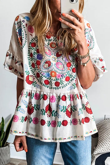 Floral Print Round Neck Ruffle Trim Blouse - Lookzlike