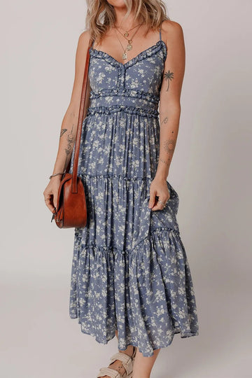 Floral Spaghetti Strap Frilled V Neck Tiered Midi Dress - Lookzlike