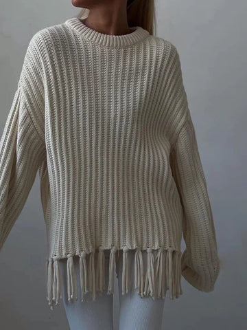 Fringe Round Neck Long Sleeve Sweater designed for comfort and style at Lookzlike
