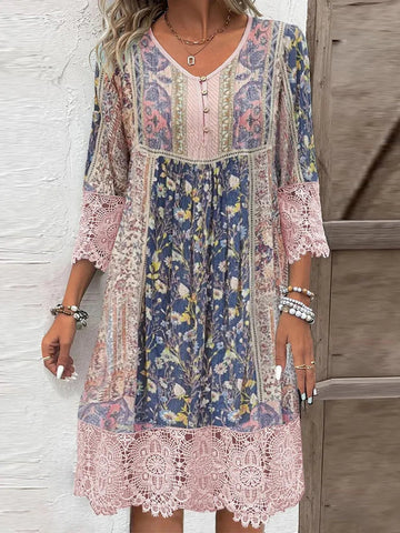 Full Size Lace Detail Printed Three-Quarter Sleeve Dress - Lookzlike