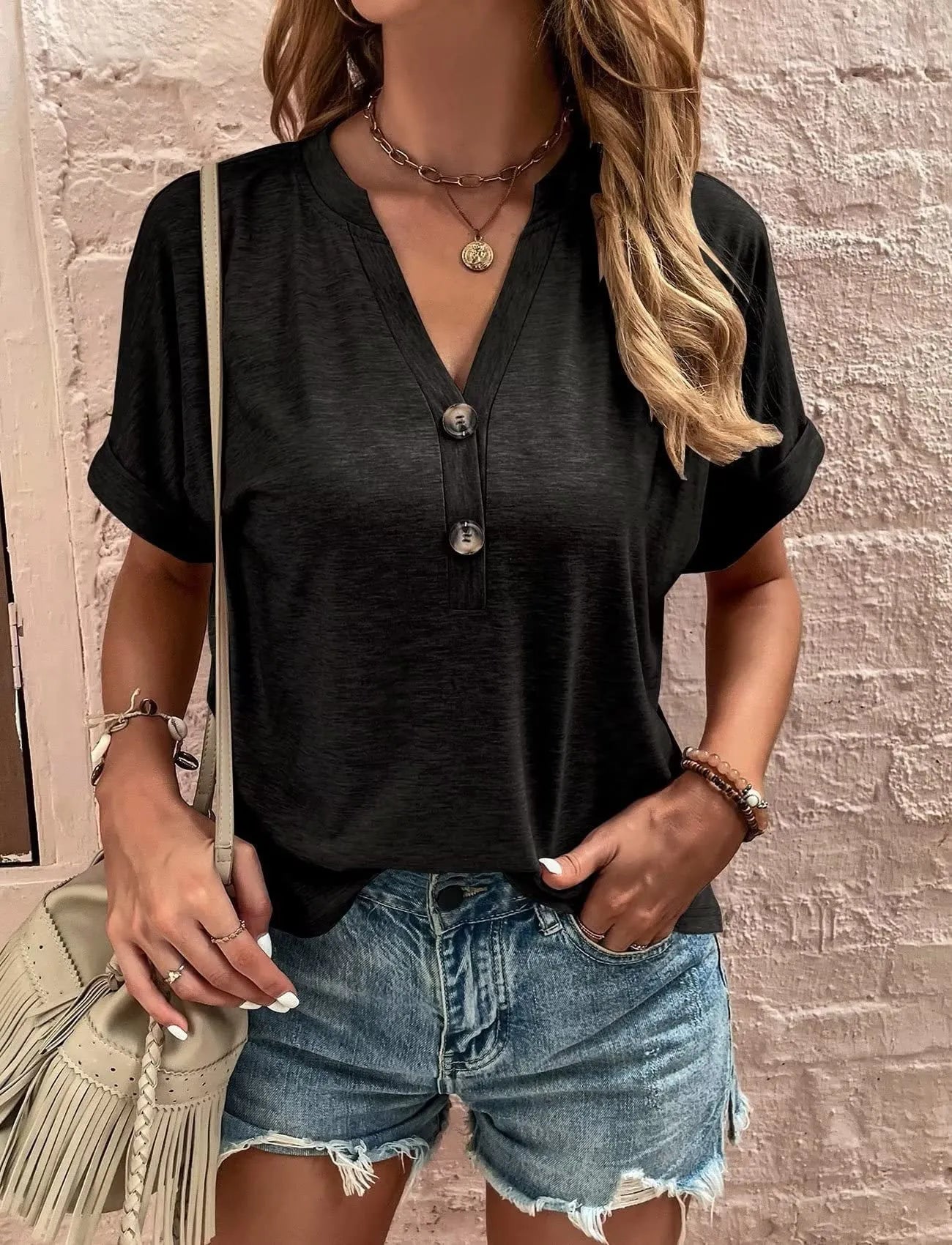 Full Size Notched Short Rolled Sleeve Top Plus Size designed for comfort and style at Lookzlike