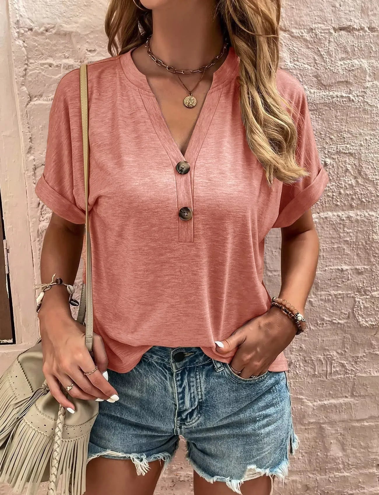 Full Size Notched Short Rolled Sleeve Top Plus Size designed for comfort and style at Lookzlike