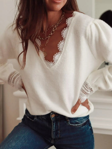 Lace Trim V - Neck Sweater designed for comfort and style at Lookzlike