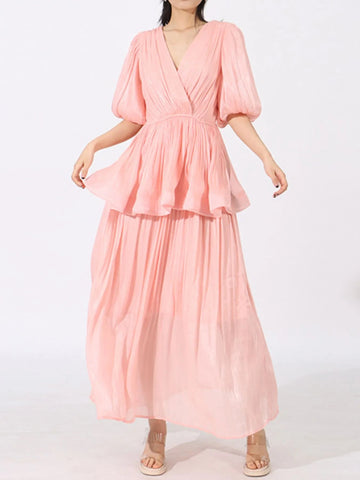 Layered Surplice Puff Sleeve Maxi Dress designed for comfort and style at Lookzlike