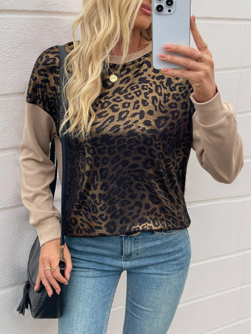 Leopard Round Neck Long Sleeve Sweatshirt - Lookzlike
