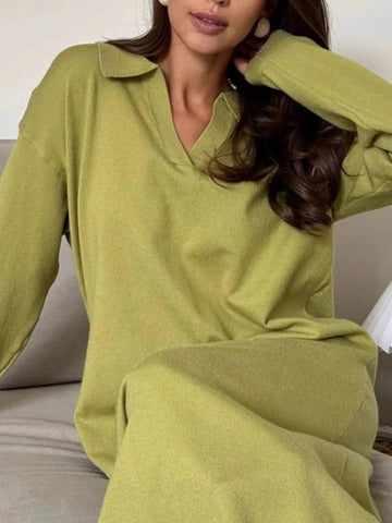 Long Sleeve Collared Neck Knit Dress - Lookzlike