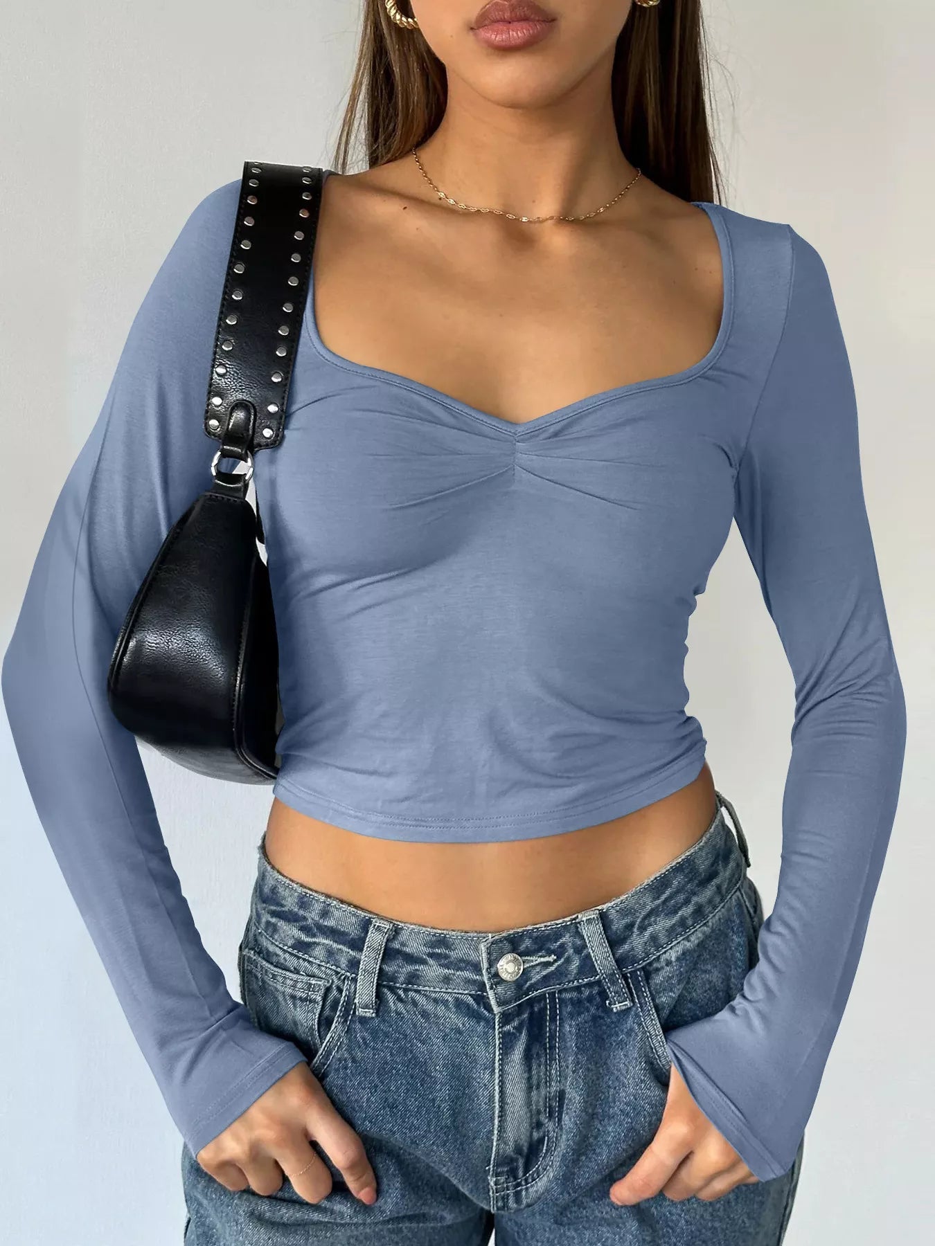 Long Sleeve Sweetheart Neck Crop T-Shirt designed for comfort and style at Lookzlike