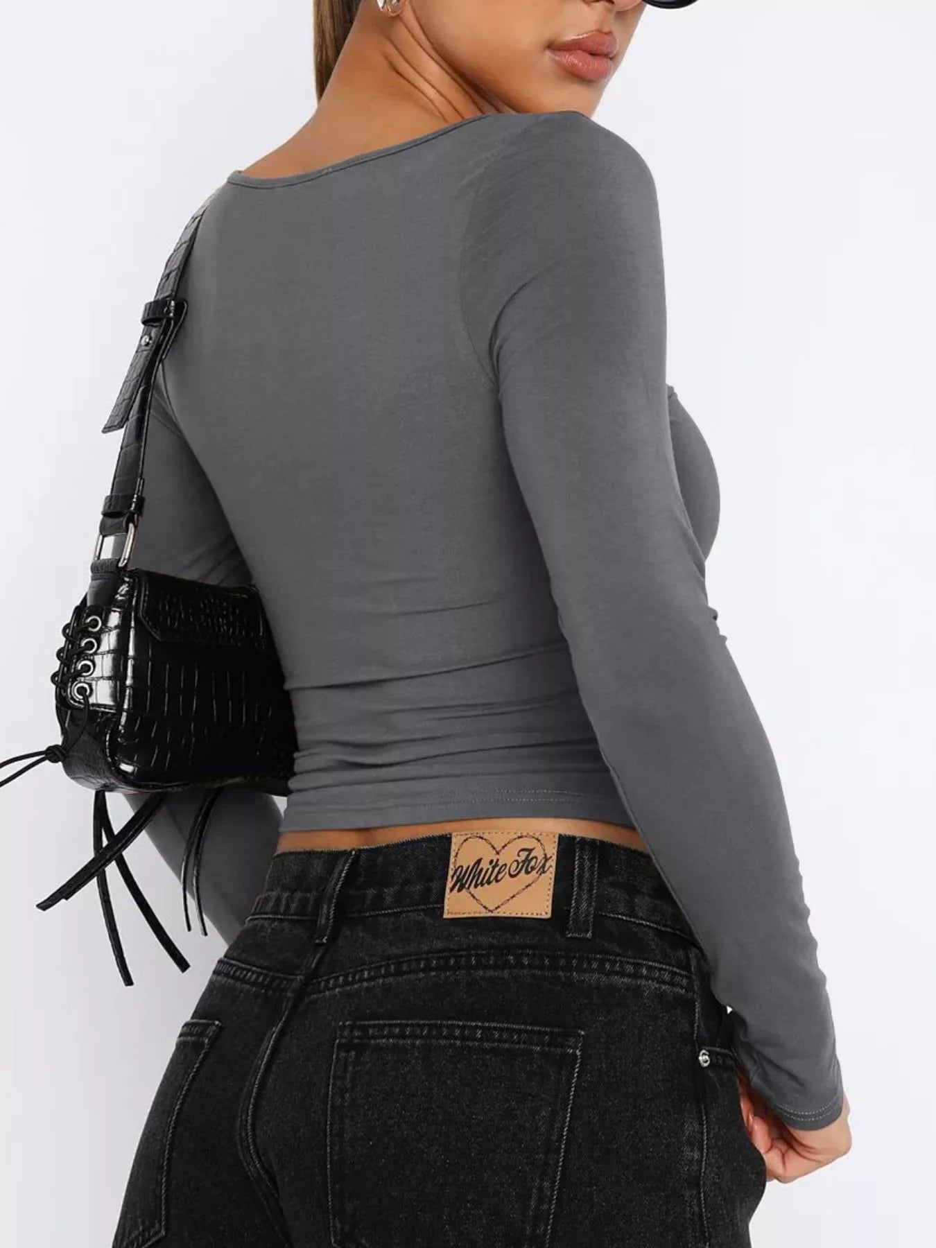 Long Sleeve Sweetheart Neck Crop T-Shirt designed for comfort and style at Lookzlike