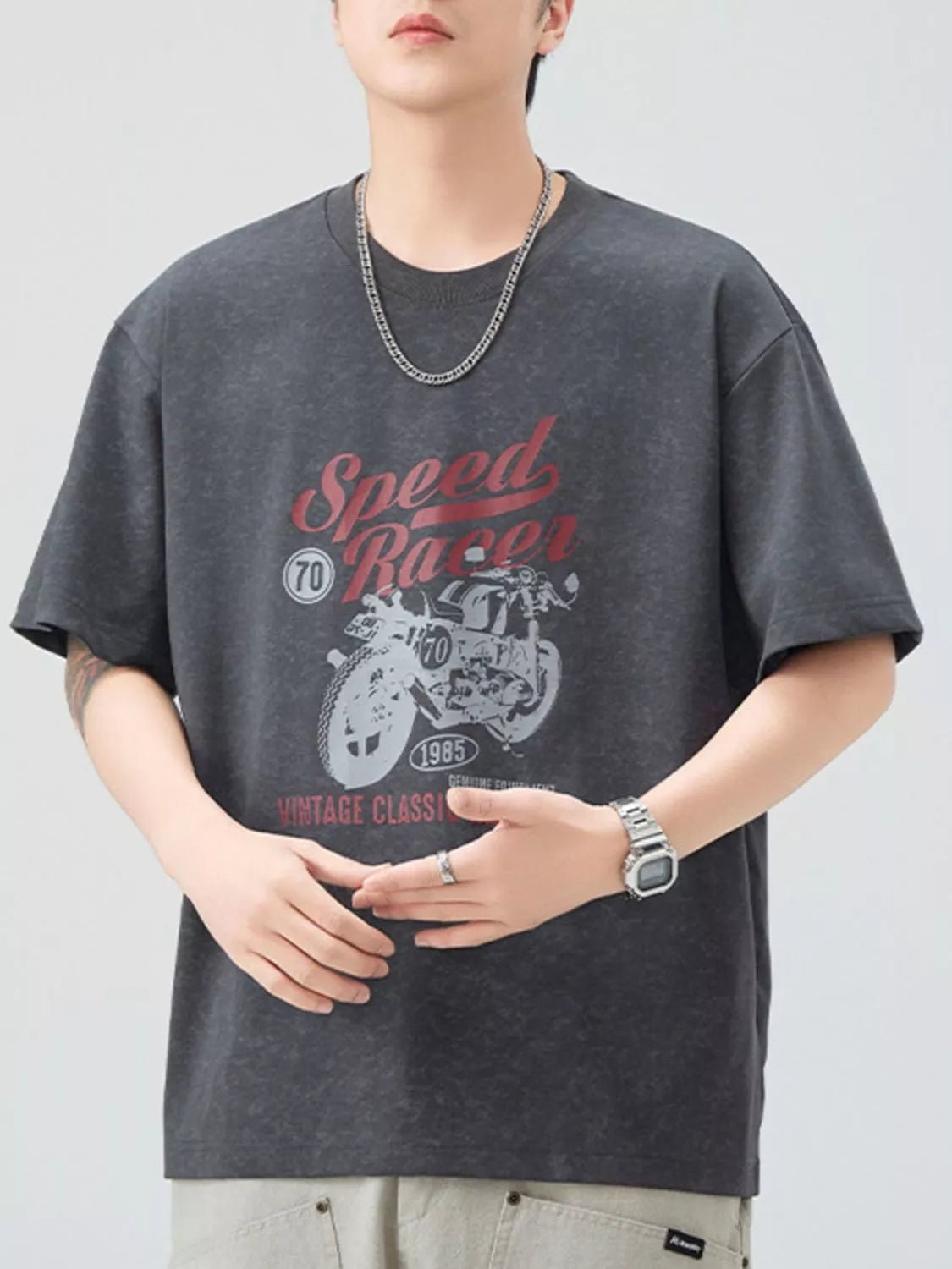 Men's Plus Size Graphic Round Neck Short Sleeve T-Shirt designed for comfort and style at Lookzlike