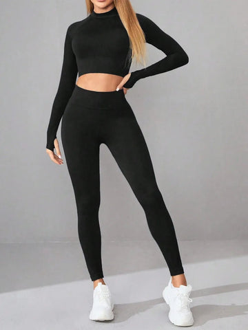 Mock Neck Long Sleeve Top and Leggings Active Set designed for comfort and style at Lookzlike