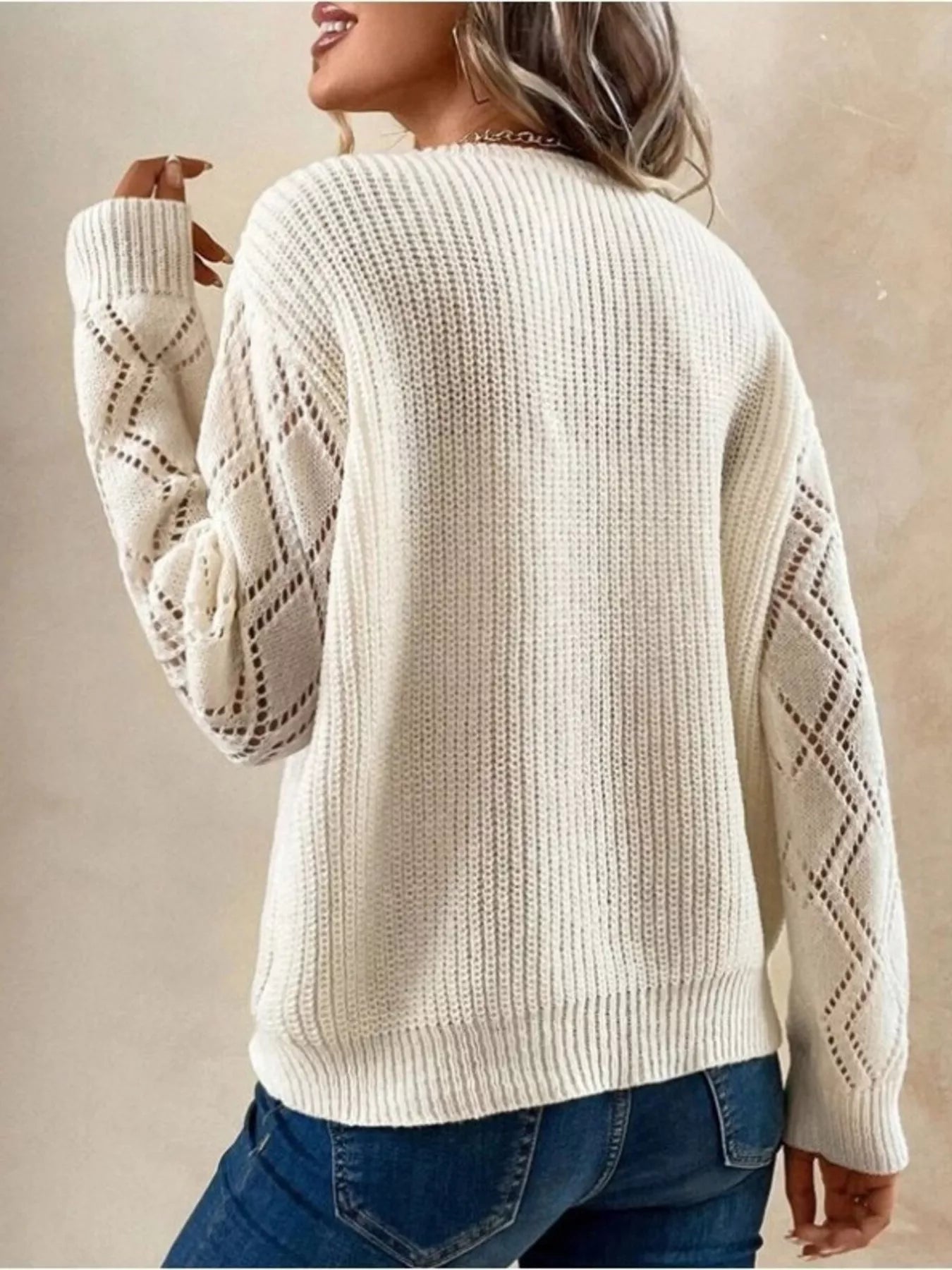 Openwork V - Neck Long Sleeve Sweater designed for comfort and style at Lookzlike