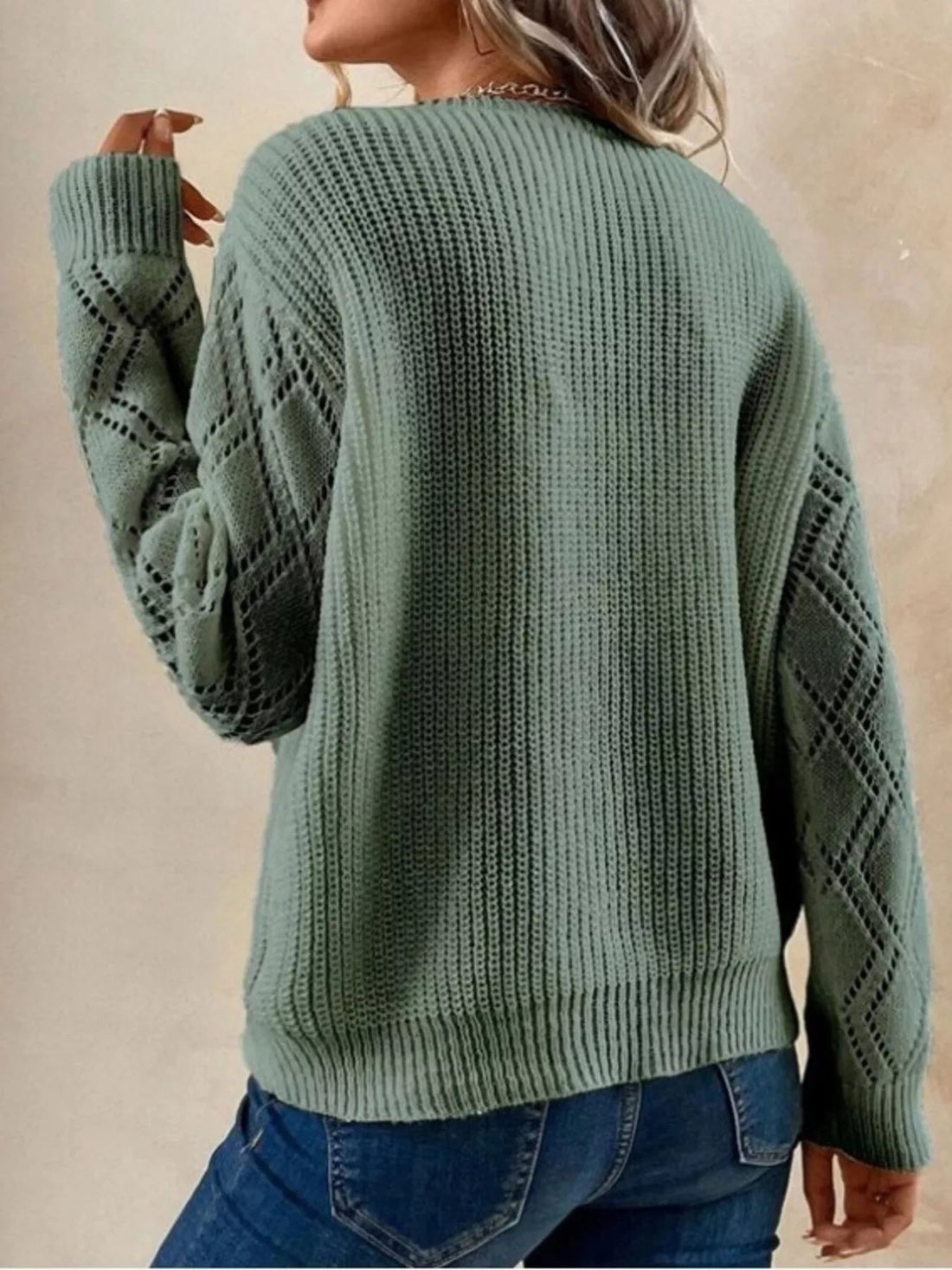 Openwork V - Neck Long Sleeve Sweater designed for comfort and style at Lookzlike