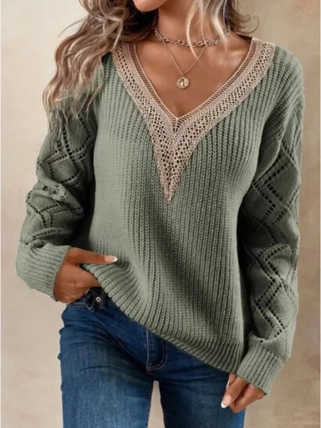 Openwork V - Neck Long Sleeve Sweater designed for comfort and style at Lookzlike