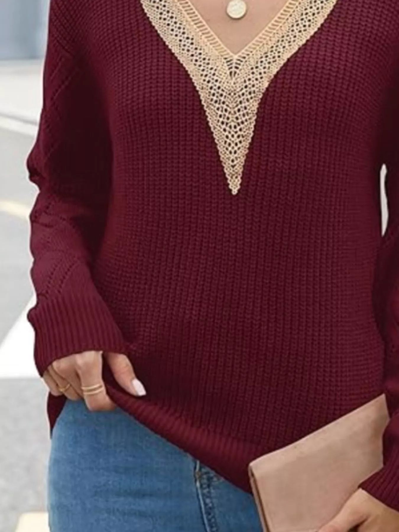 Openwork V - Neck Long Sleeve Sweater designed for comfort and style at Lookzlike