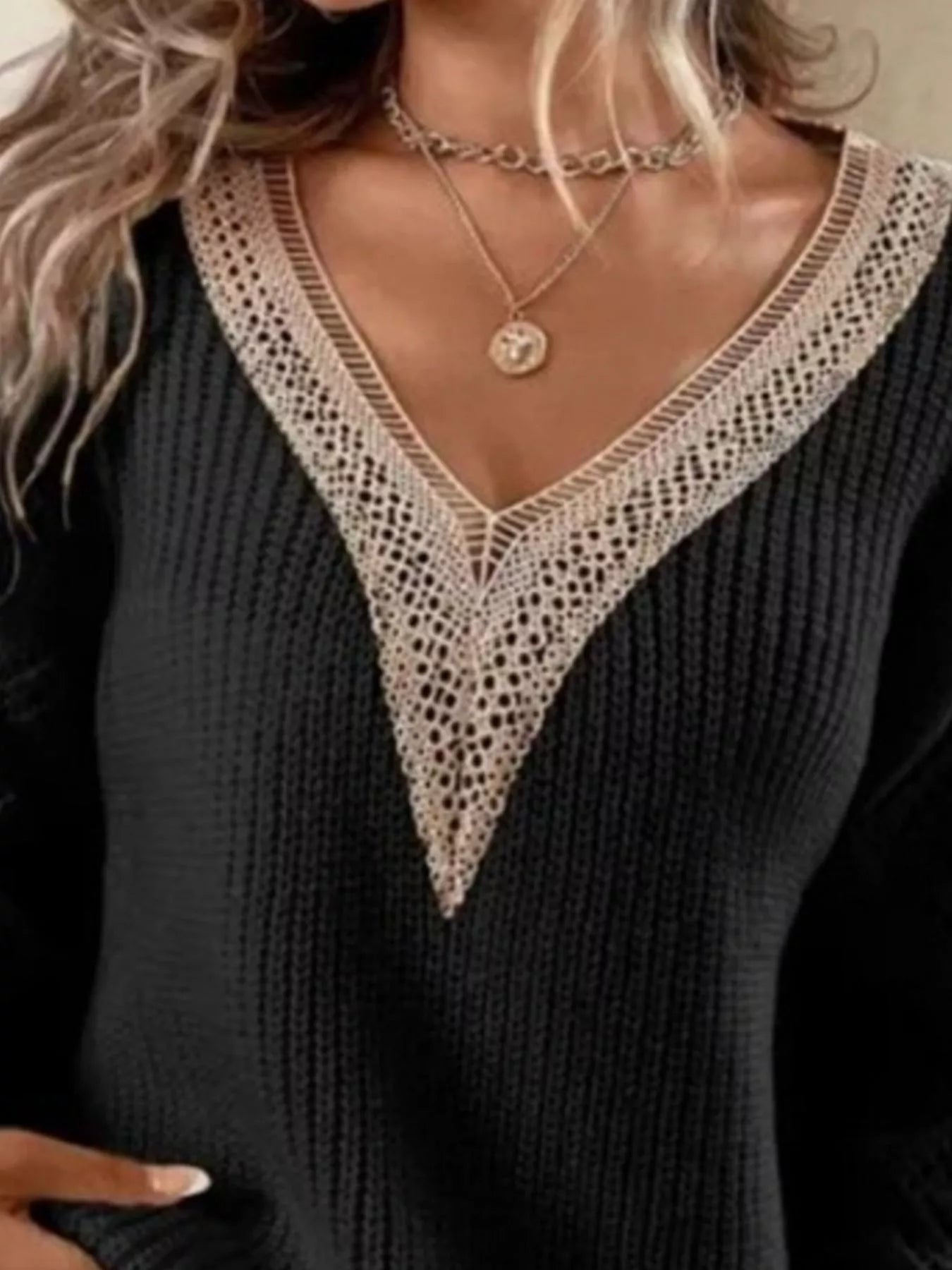 Openwork V - Neck Long Sleeve Sweater designed for comfort and style at Lookzlike