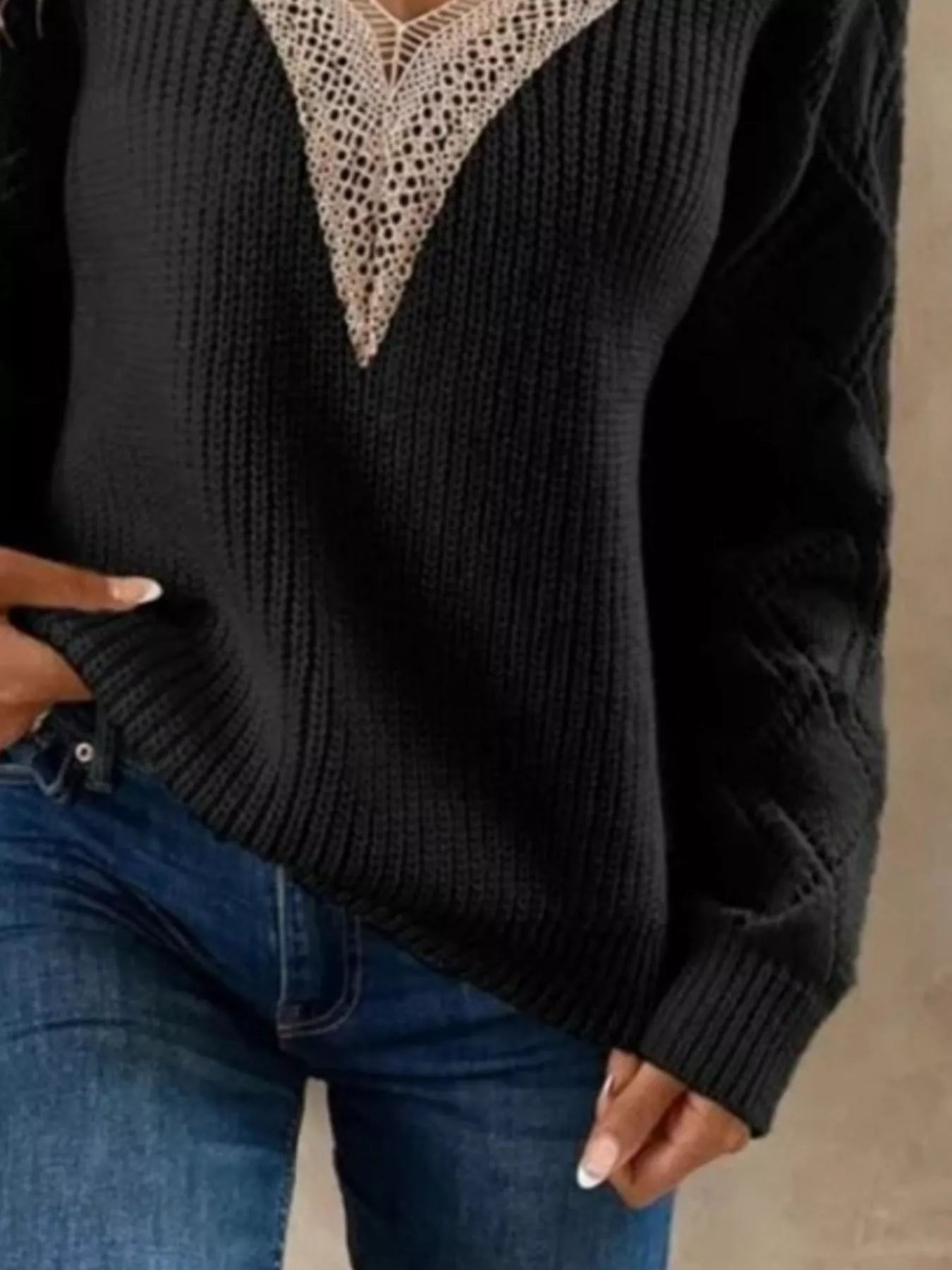 Openwork V - Neck Long Sleeve Sweater designed for comfort and style at Lookzlike