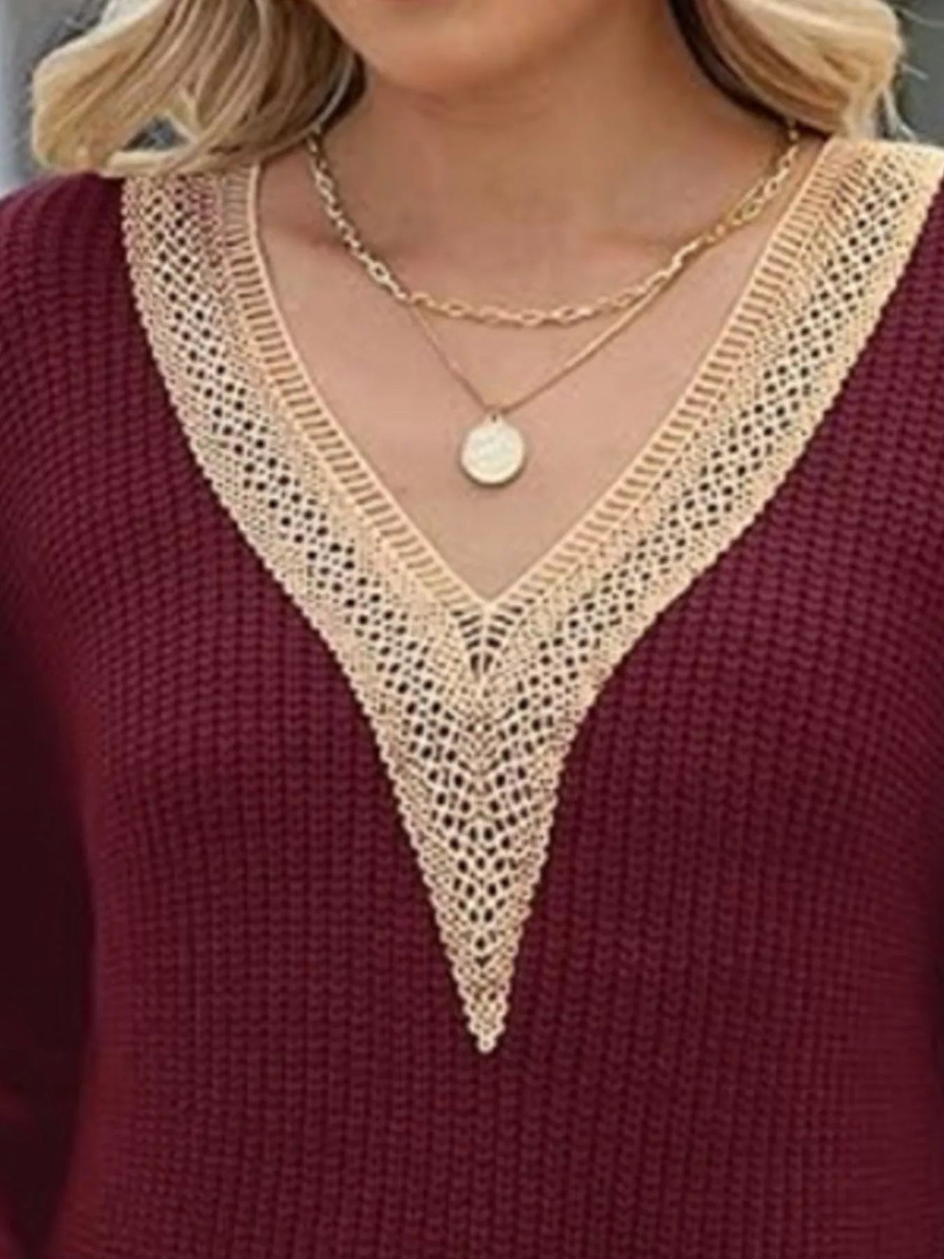 Openwork V - Neck Long Sleeve Sweater designed for comfort and style at Lookzlike