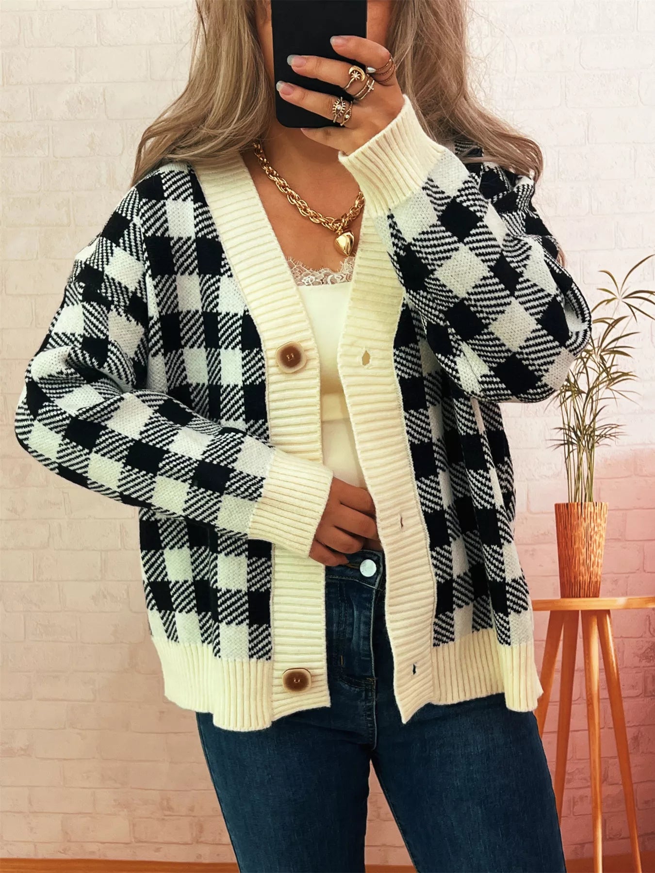 Plaid Button - Down Cardigan designed for comfort and style at Lookzlike