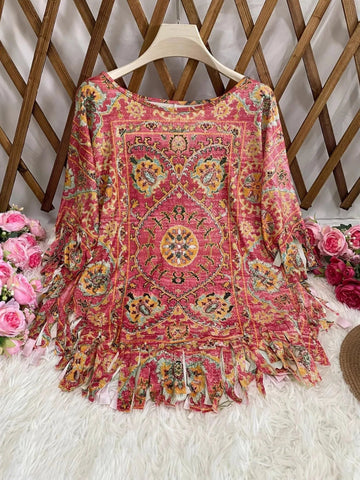 Plus Size Fringe Round Neck Cover Up - Lookzlike