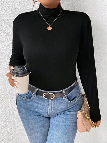 Plus Size Long Sleeve Fitted Turtleneck T-Shirt - Lookzlike