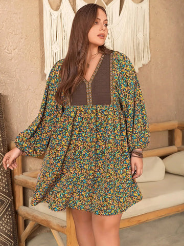 Plus Size V-Neck Balloon Sleeve Printed Mini Dress - Lookzlike
