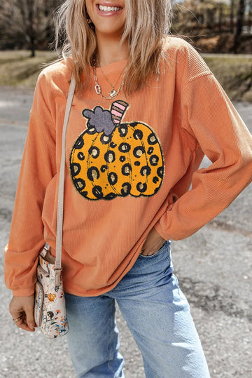 Pumpkin Round Neck Long Sleeve Sweatshirt designed for comfort and style at Lookzlike