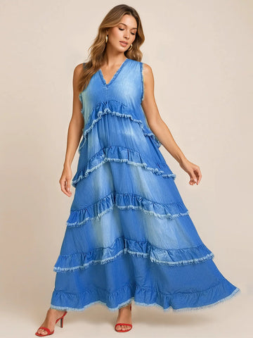 Raw Hem Layered Denim Maxi Dress - Lookzlike