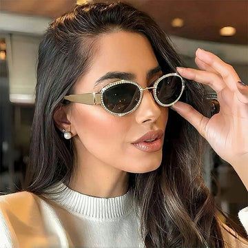 Rhinestones Decor Oval Sunglasses - Lookzlike