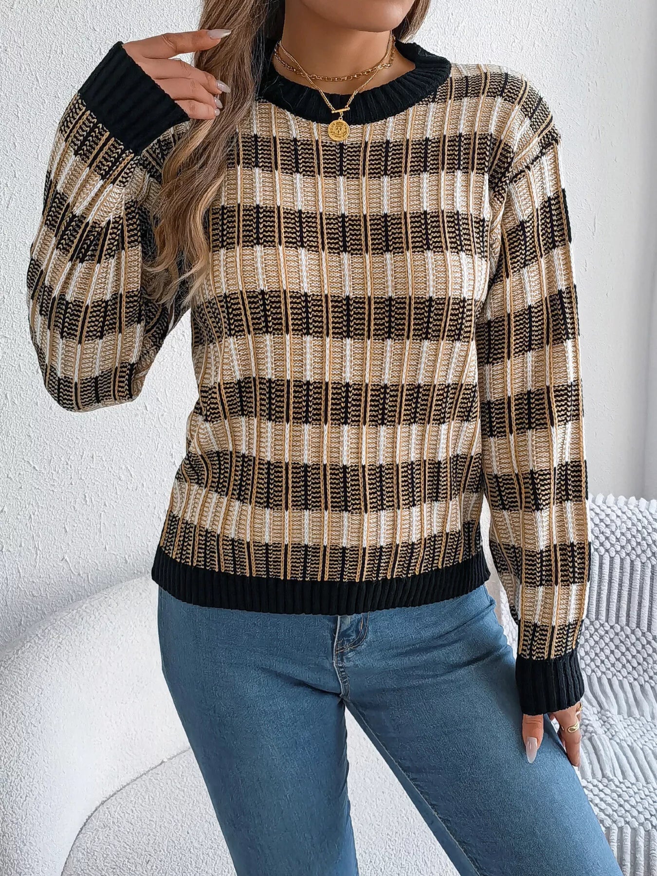 Striped Round Neck Long Sleeve Sweater designed for comfort and style at Lookzlike