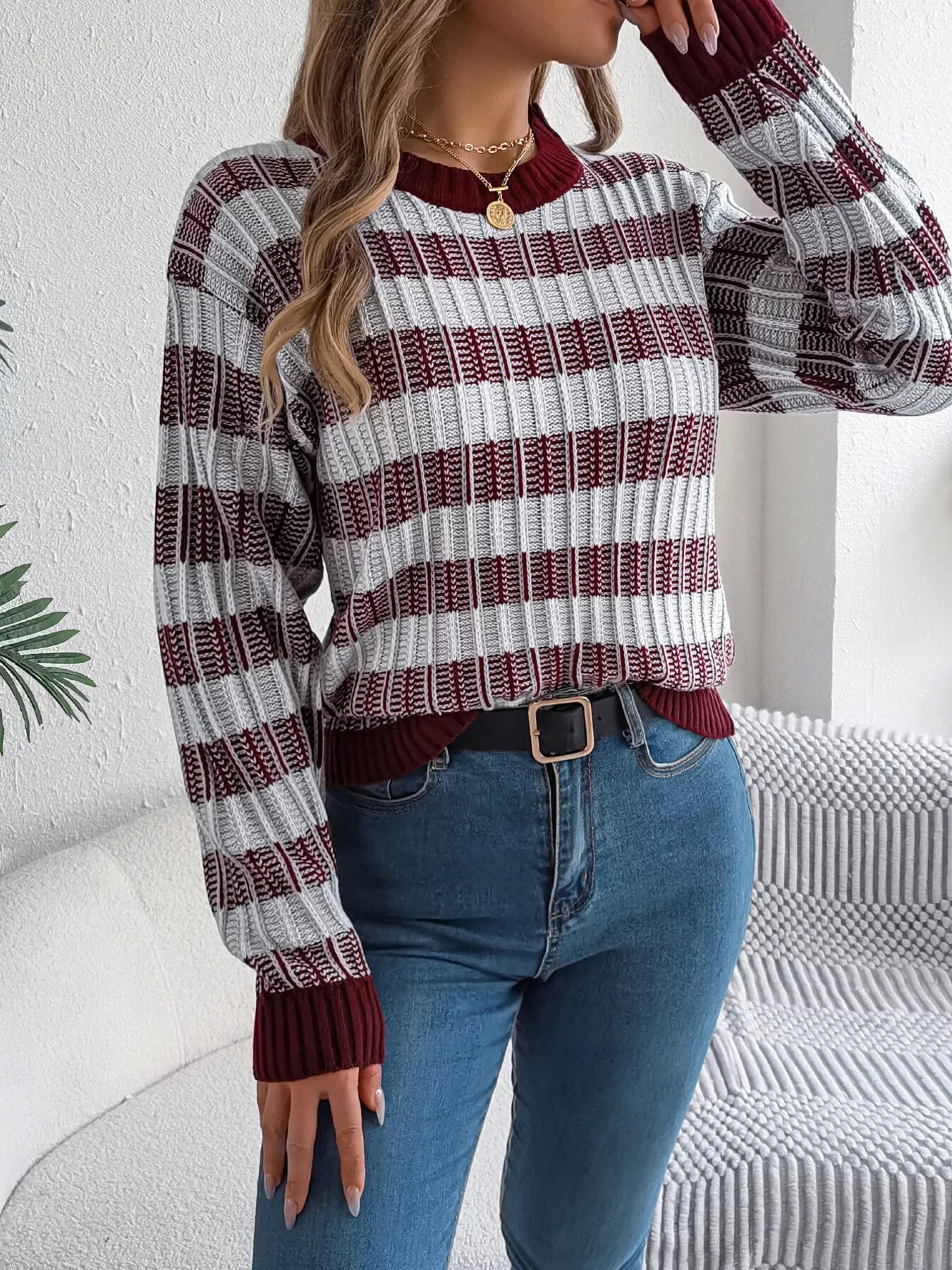 Striped Round Neck Long Sleeve Sweater designed for comfort and style at Lookzlike