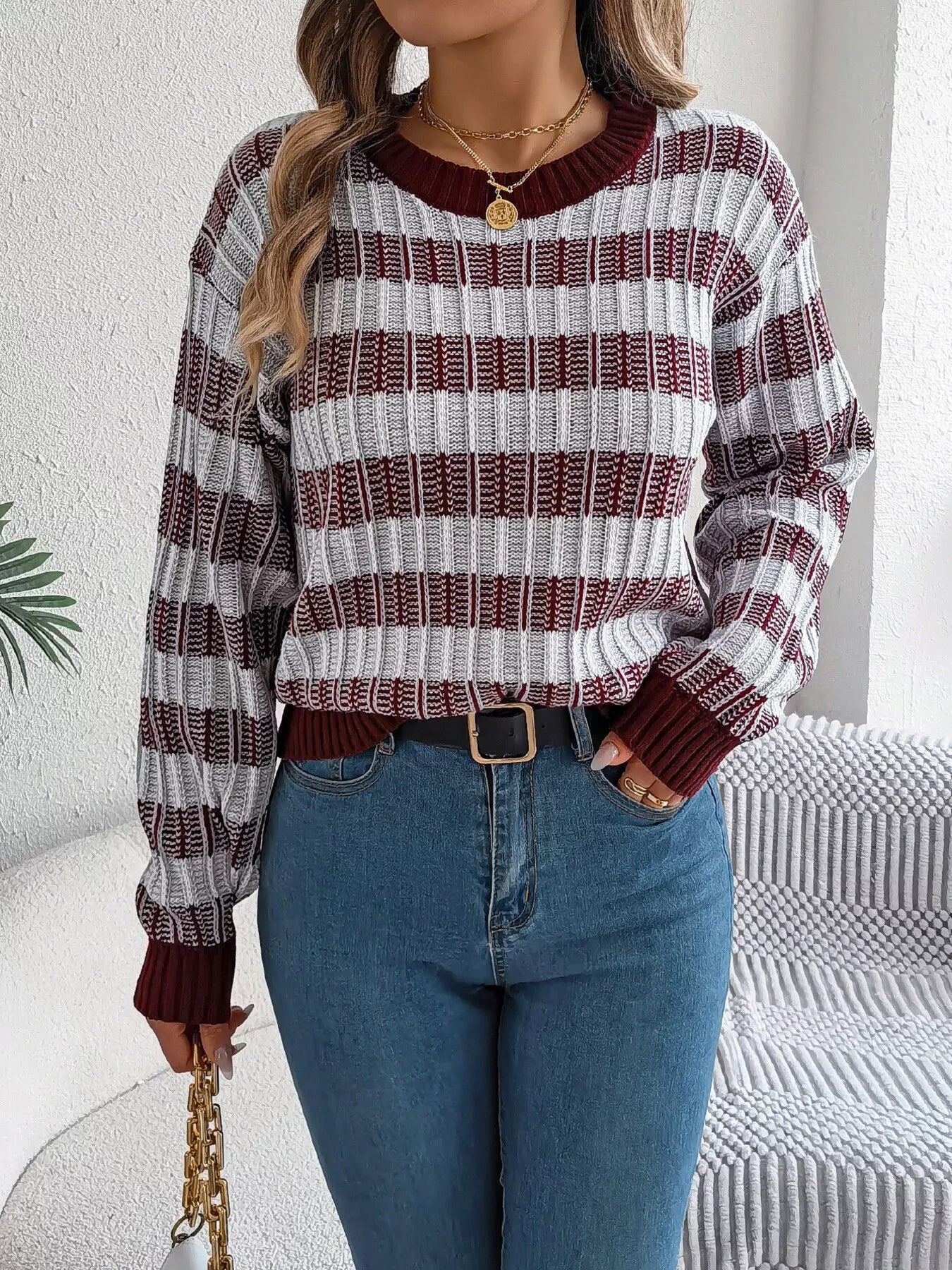Striped Round Neck Long Sleeve Sweater designed for comfort and style at Lookzlike