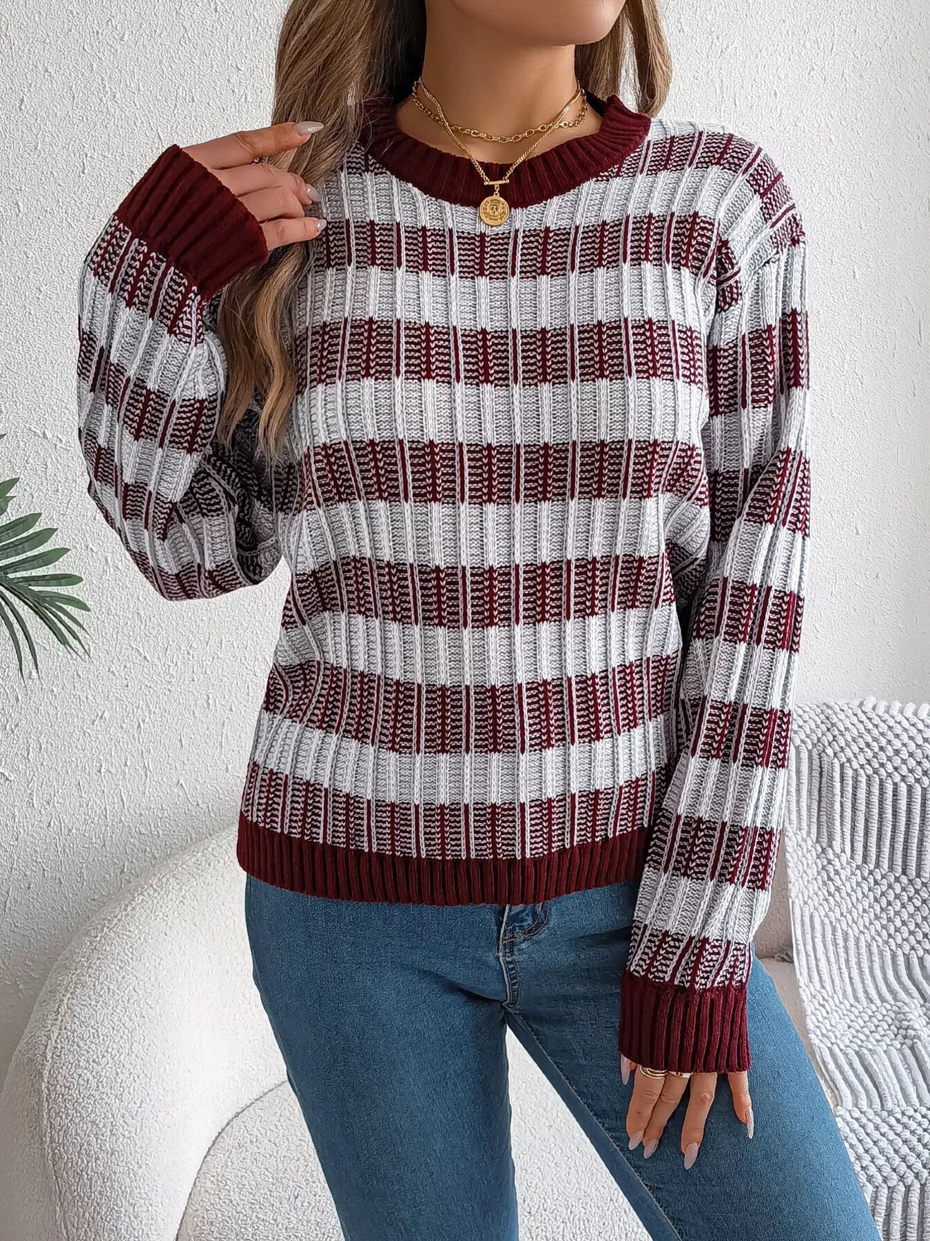 Striped Round Neck Long Sleeve Sweater designed for comfort and style at Lookzlike